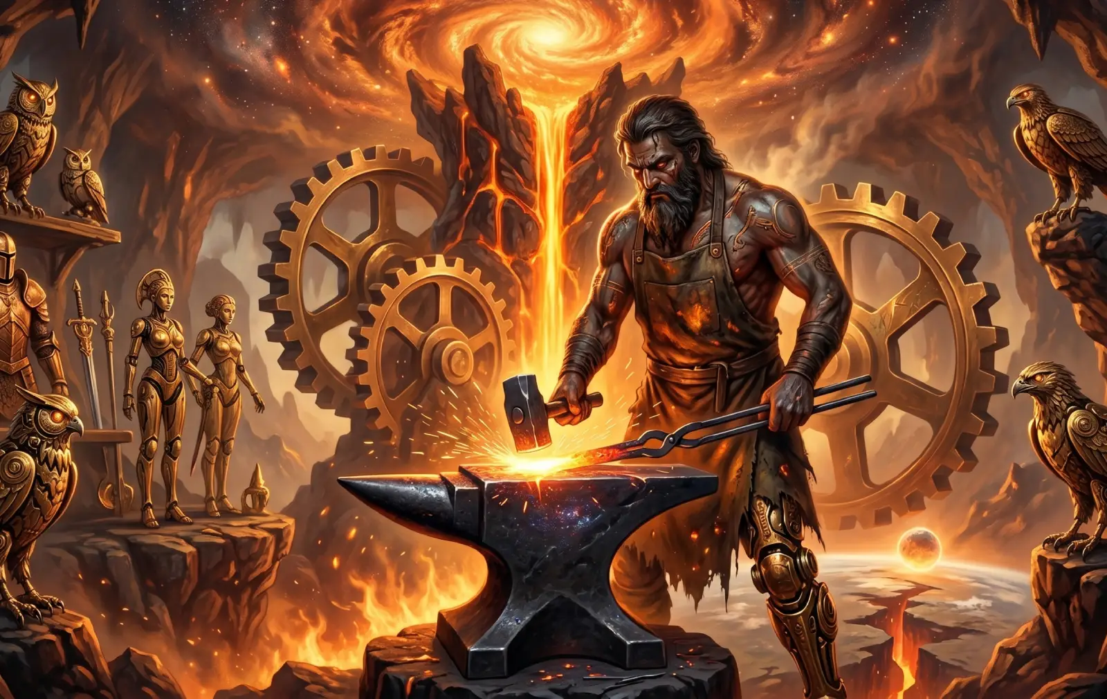 Hephaestus, Greek god of fire, metalworking and craftsmanship at his forge