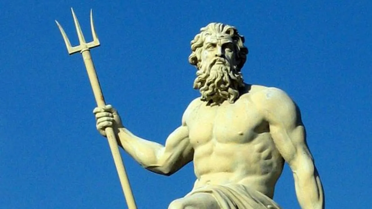 Poseidon, Greek god of the sea, wielding his trident amid ocean waves