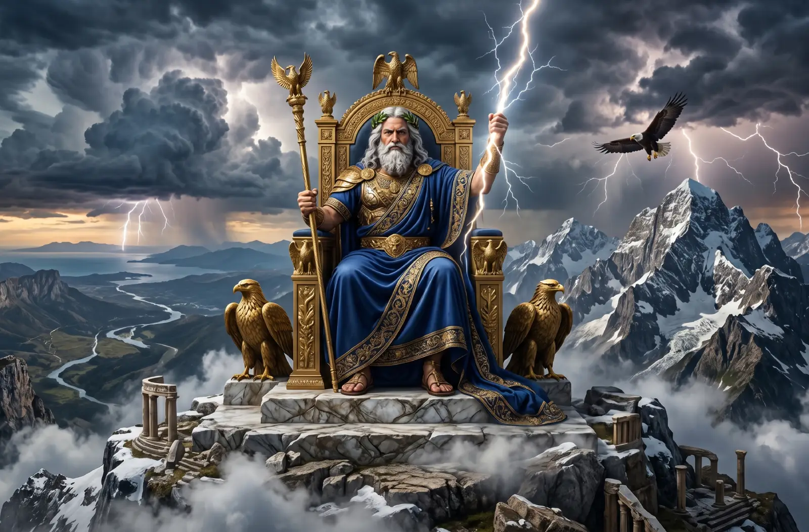 Zeus, king of the Olympian gods, holding a thunderbolt against a stormy sky